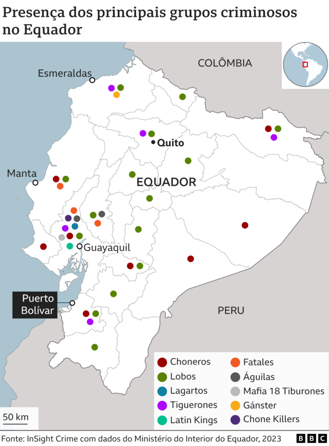 Mapa com a presençamobile b1betgrupos criminosos no Equador