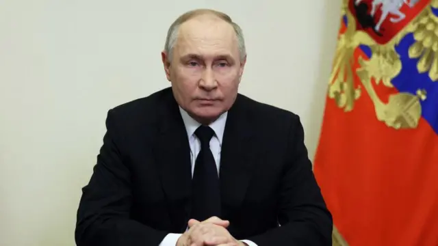 Putin delivers his address in Moscow on March 23, 2024, the day after a gun attack on the Crocus City Hall in Krasnogorsk.