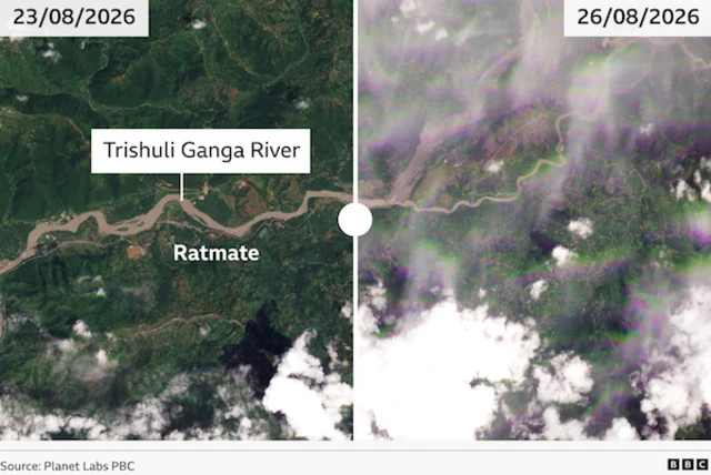 A slider showing before and after the flood at Ratmate along the Trishuli Ganga River