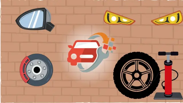 गाडीच्या महत्त्वाच्या भागांचं प्रातिनिधिक दृश्यं - यात टायर, ब्रेक, काच आणि हेडलाईट दिसत आहेत