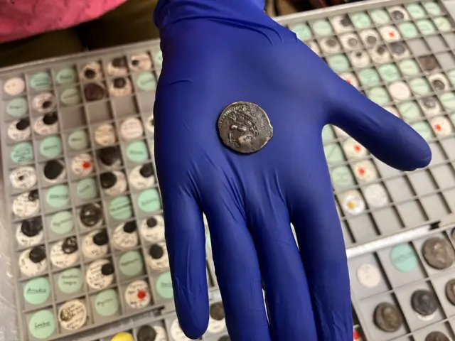 青いラテックス製手袋をはめた手のひらに、小さな青銅貨が乗っている