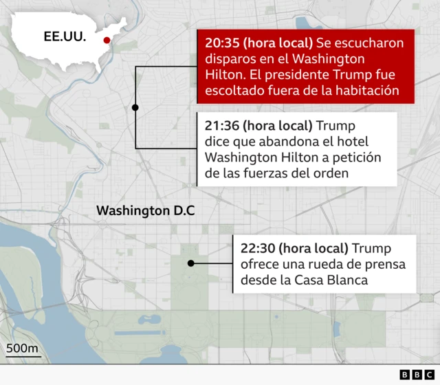 Mapa del tiroteo en la cena de corresponsales de la Casa Blanca a la que asistía Trump