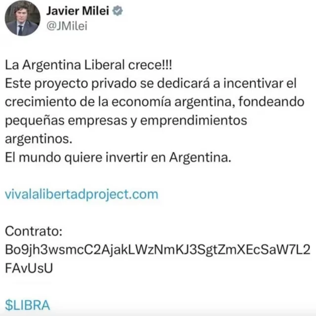 El post que fijó y luego borró Javier Milei,