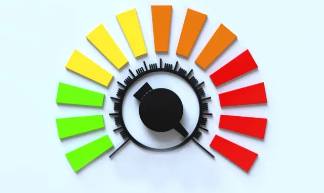Un medidor redondo con colores de verde a amarillo a naranja a rojo, con un dial en el centro negro y aguja para medir posibilidades.