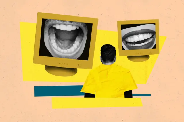 İki TV ekranında yer alan iki ağız ve karşılarında sırtı dönük oturan bir çocuk illüstrasyonu