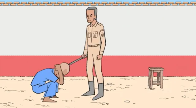 ထောင်တွင်းမှာ အကျဥ်းသားတွေ ထိုင်ရတဲ့ပုံစံထိုင်ပုံထိုင်နည်းတွေထဲက တစ်ခုကို AAPP ရဲ့ သရုပ်ဖော်ပုံ 