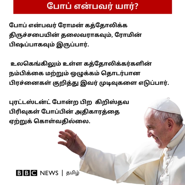 போப் என்பவர் யார்? போப் என்பவர் ரோமன் கத்தோலிக்க திருச்சபையின் தலைவராகவும், ரோமின் பிஷப்பாகவும் இருப்பார். உலகெங்கிலும் உள்ள கத்தோலிக்கர்களின் நம்பிக்கை மற்றும் ஒழுக்கம் தொடர்பான பிரச்னைகள் குறித்து இவர் முடிவுகளை எடுப்பார். புரட்டஸ்டன்ட் போன்ற பிற கிறிஸ்தவ பிரிவுகள் போப்பின் அதிகாரத்தை ஏற்றுக் கொள்வதில்லை.