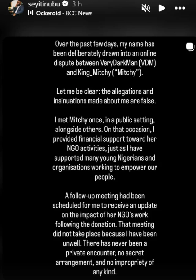 Screenshot Seyi Tinubu Instagram story on feud between King Mitchy and VDM