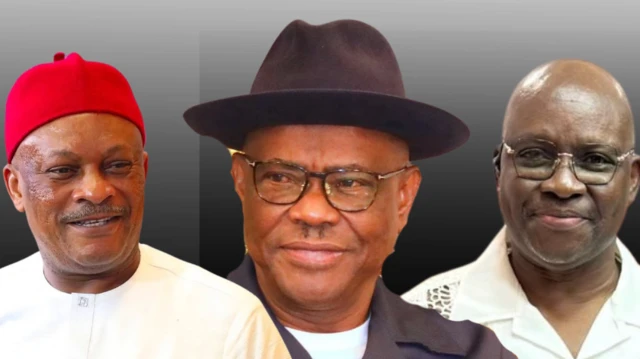 Collage image of Sam Anyanwu, Nyesom Wike and Ayodele Fayose
