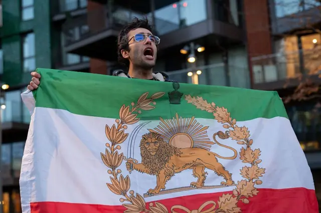 Güneş gözlüklü erkek protestocu üzerinde aslan ve güneş olan İran bayrağı ile yürüyor. Aslan ve güneşin etrafı bitkilerden bir çelenk ile kaplı.