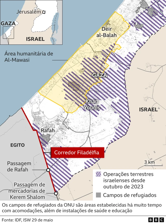 Mapa mostrando o Corredor Filadélfia entre Gaza e Egito e a extensão das operações terrestres israelenses no sul