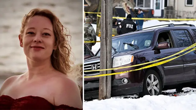 Una mujer rubia mira a la cámara. En otra imagen de al lado se ve un vehículo con un disparo en el vidrio delantero. 