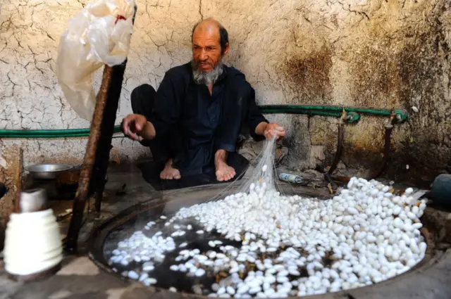 یک مرد در حال ریشتن ابریشم 