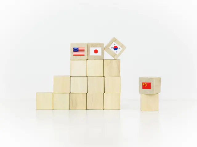 한미일과 중국 국기