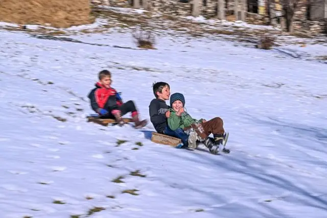 Karda kızak kayan üç çocuk.