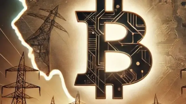 Bitcoin logosi va yuqori quvvatli elektr uzatish liniyalari