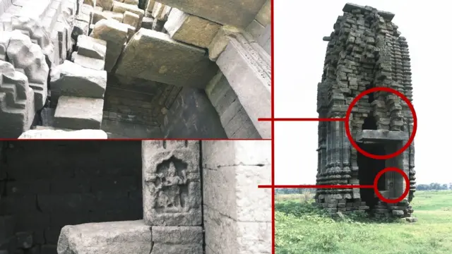 বাঁ দিকের উপরে: প্রায় আড়াআড়ি দুই ভাগ হয়ে গিয়েছে দেউলটি, নিচে: মূল দ্বারে কারুকার্য ও পৌরাণিক মূর্তি; ডানদিকে পুরো দেউলের ছবি