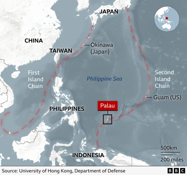 Locator map of Palau, that sits on the so-called "Second Island Chain", a stretch of islands in the western Pacific that the US sees as vital in containing Chinese navy expansion in the region