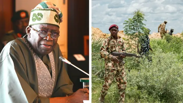 Collage of Tinubu and personnel inside bush