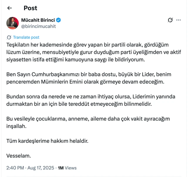 Birinci'nin X platformunda yayınladığı istifa mesajı 