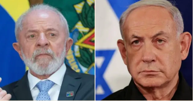 Montagem com fotos de Lula e Benjamin Netanyahu. Lula está à esquerda e Netanyahu está à direita