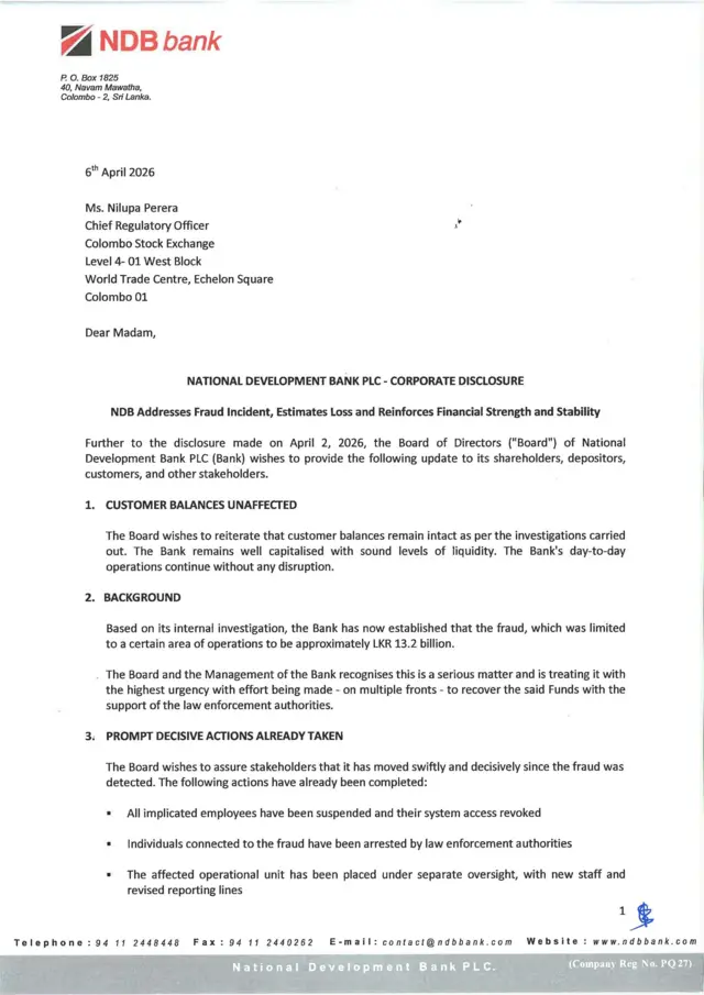 NDB බැංකුව 2026 අප්රේල් 6 වන දා කොළඹ කොටස් වෙළෙඳපොළ වෙත නිකුත් කළ ලිපියේ පළමු පිටුව