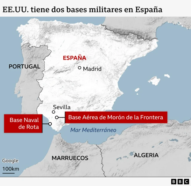 Mapa que muestra las bases de Estados Unidos en España