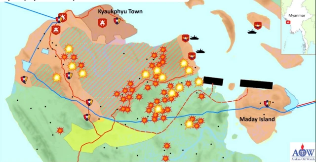 Arakan Oil Watch အဖွဲ့ရဲ့ ၂၀၂၅ ခုနှစ်၊ ဧပြီလထုတ် အစီရင်ခံစာအရ မဒေးကျွန်းနဲ့ ကျောက်ဖြူကြား ကျောက်ဖြူရေနက်ဆိပ်ကမ်းစီမံကိန်းတဝိုက်မှာ တိုက်ပွဲတွေပြင်းထန်နေပါတယ် 