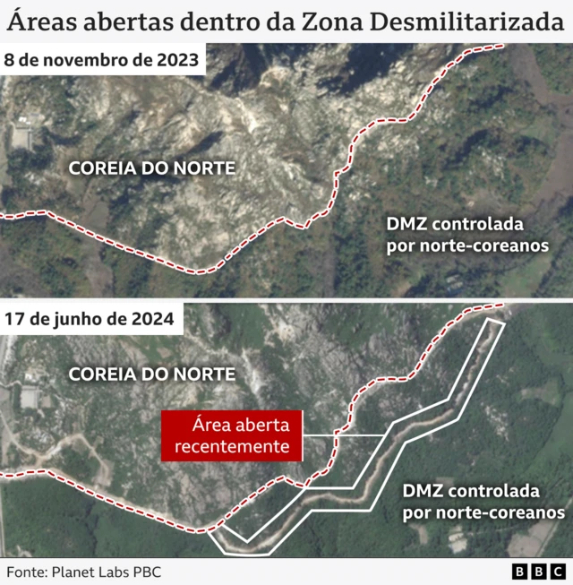 Duas imagens20 betanosatélite mostrando as áreas abertas perto da fronteira com a Coreia do Norte