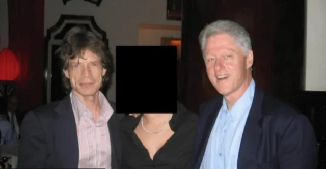 Rolling Stones'dan Mick Jagger ile Bill Clinton arasında yüzü kapatılmış bir kadın var. Jagger uzun saçlı, başkan Clinton ise beyaz.