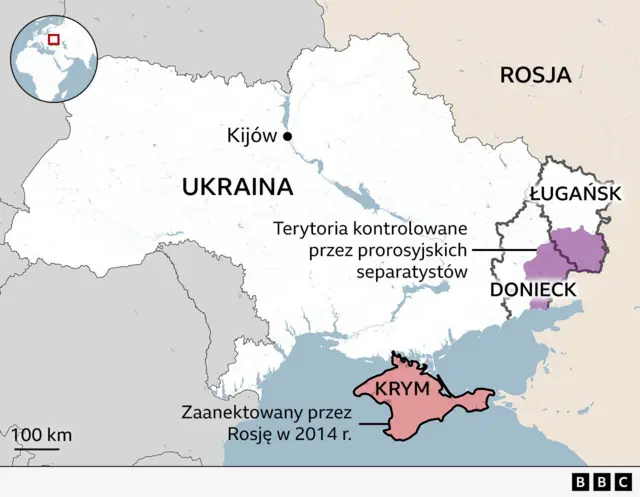 Mapa Ukrainy sprzed wojny, pokazująca Ukrainę i Rosję. Wyróżnione są kluczowe obszary: Krym, całkowicie zaanektowany przez Rosję w 2014 roku. 