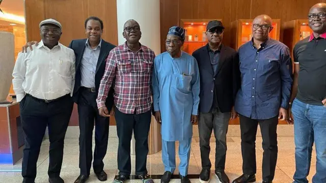 Nyesom Wike and im fellow govnors meet wit Labour party presidential candidate Peter Obi and ex-president Olusegun Obasanjo for London
