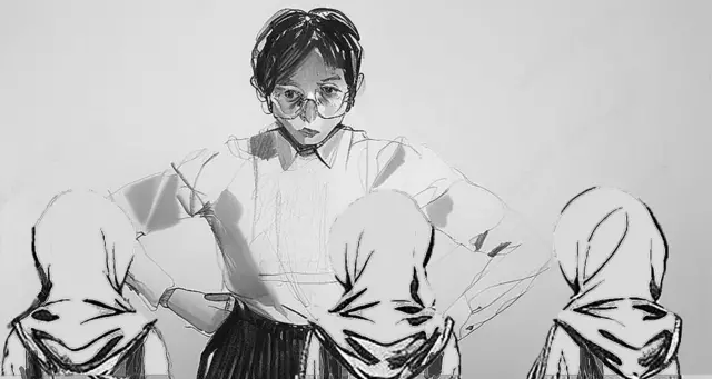 Рисунок - учительница и покрытые девочки