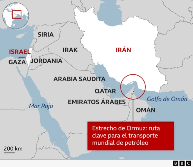 Mapa que muestra la ubicación del estrecho de Ormuz
