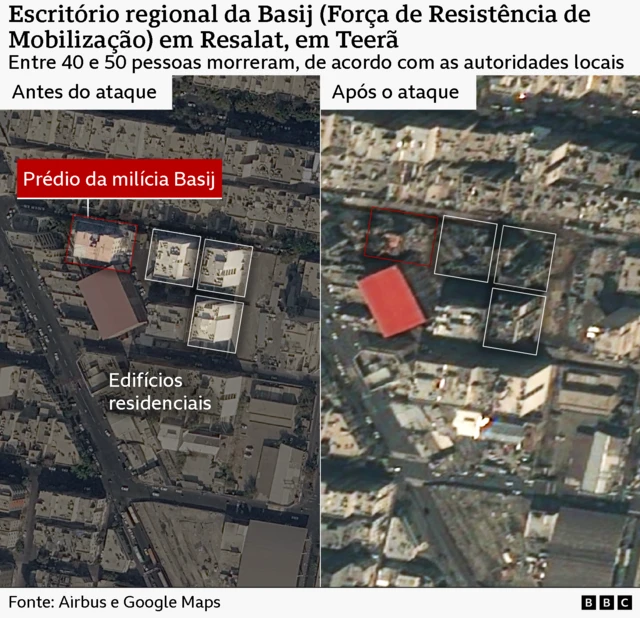 Imagens de satélite de antes e depois mostram a destruição de uma delegacia de polícia na praça Niloufar e um raio de 70 metros ao redor, onde outros edifícios foram danificados pela explosão.