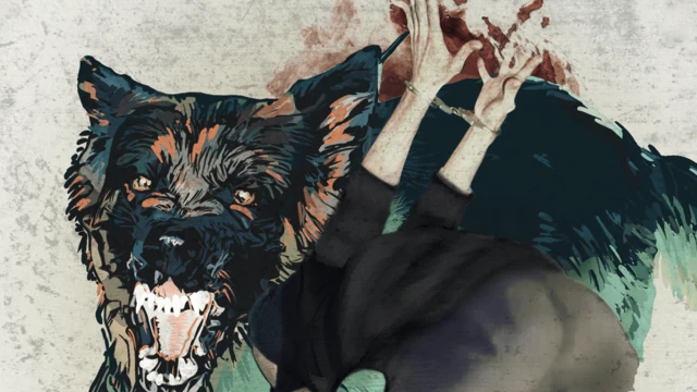 رسم توضيحي يُظهر كلب حراسة يهاجم شخصا ما