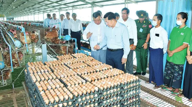 ကြက်ခြံတွေကိုသွားလေ့လာတဲ့ ဦးမင်းအောင်လှိုင်။ ကြက်တွေ၊ ကြက်ဥကတ်တွေနဲ့ ဝန်ထမ်းတွေကိုပါ မွေးမြူရေးခြံထဲမှာတွေ့ရပါတယ်။