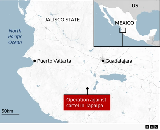 Map showing Mexico, Jalisco State, Guadalajara and Puerto Vallarta. A locator box points to southwest of Guadalajara, stating "Operation against cartel in Tapalpa". To request:
1. Complete the translations here: https://tinyurl.com/4nrhzdrc
2. Fill-in the commissioning form https://bit.ly/ws_design_form with this title in English:
Mexico: Jalisco - locator map - 2026022302