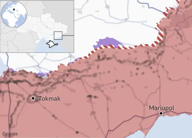 Rusya'nın savunma pozisyonları bu haritada siyah yuvarlaklarla gösteriliyor