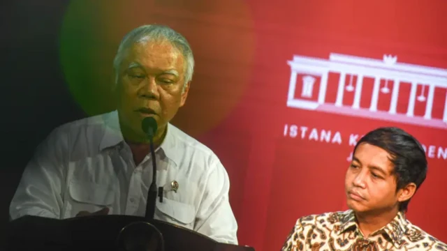 Menteri Pekerjaan Umum dan Perumahan Rakyat (PUPR) Basuki Hadimuljono (kiri) bersama Wamen ATR/Waka BPN Raja Juli Antoni (kanan) memberikan keterangan kepada media.