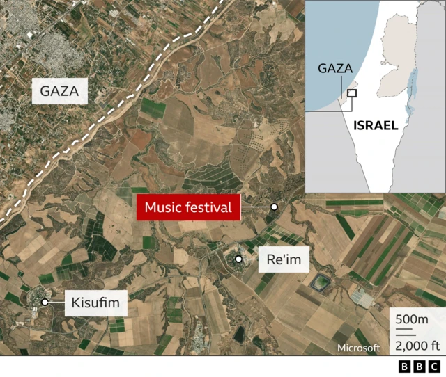 Map wey show location of music festival in relation to Gaza barrier