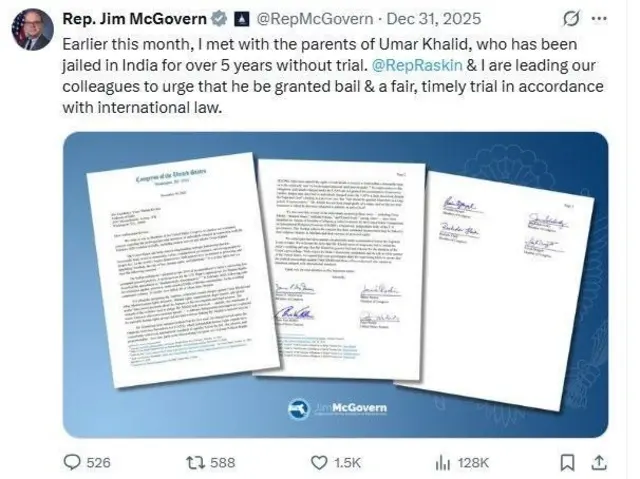 अमेरिकेच्या खासदारांनी उमर खालिदची सुटका करण्यासाठी लिहिलेलं पत्र