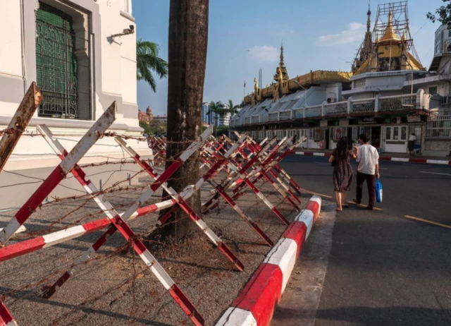 Barricades on a road in Myanmar