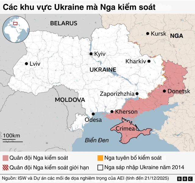 Bản đồ Ukraine thể hiện những khu vực bị Nga chiếm đóng 