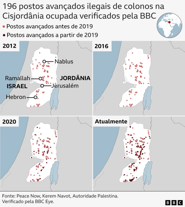 Quatro mapas mostrando a localização dos postos avançadosjogar grátis caça niquel barcolonos na Cisjordânia ocupada — verificados pela BBC —jogar grátis caça niquel barquatro anos: 2012, 2016, 2020, 2024.