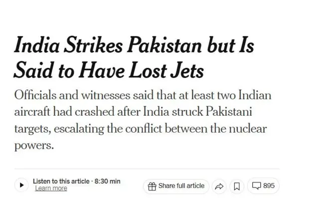 দ্য নিউ ইয়র্ক টাইমসের প্রতিবেদনের শিরোনাম 