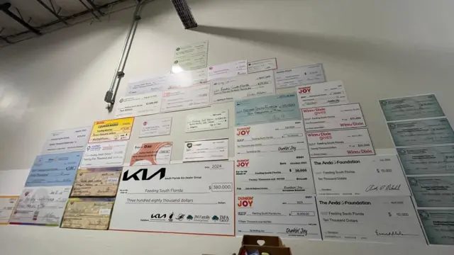 Cheques das empresas que doam dinheiro ao banco de alimentos Feeding South Florida