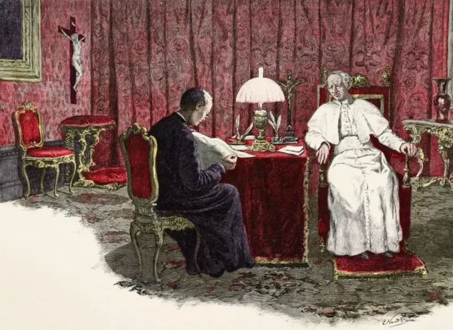Le camerlingue lit les journaux du pape au Vatican, dans une illustration d'Enrico Nardi (1864-1947), gravée en bois publiée dans le magazine illustré Moderne Kunst, édité par Richard Bong à Berlin (1891-1892).