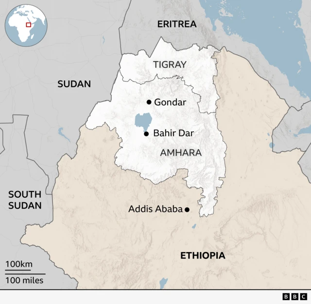 Ramani inayoonyesha eneo la Amhara kaskazini-magharibi mwa Ethiopia. Eneo la Tigray liko kaskazini mwa Amhara. Majirani wa Ethiopia, Eritrea (kaskazini), Sudan na Sudan Kusini (magharibi) pia wameonyeshwa.