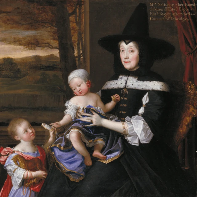 Retrato clásico de una persona vestida con atuendo negro y sombrero ancho, sosteniendo a un bebé con ropa elegante, junto a otro niño en primer plano.